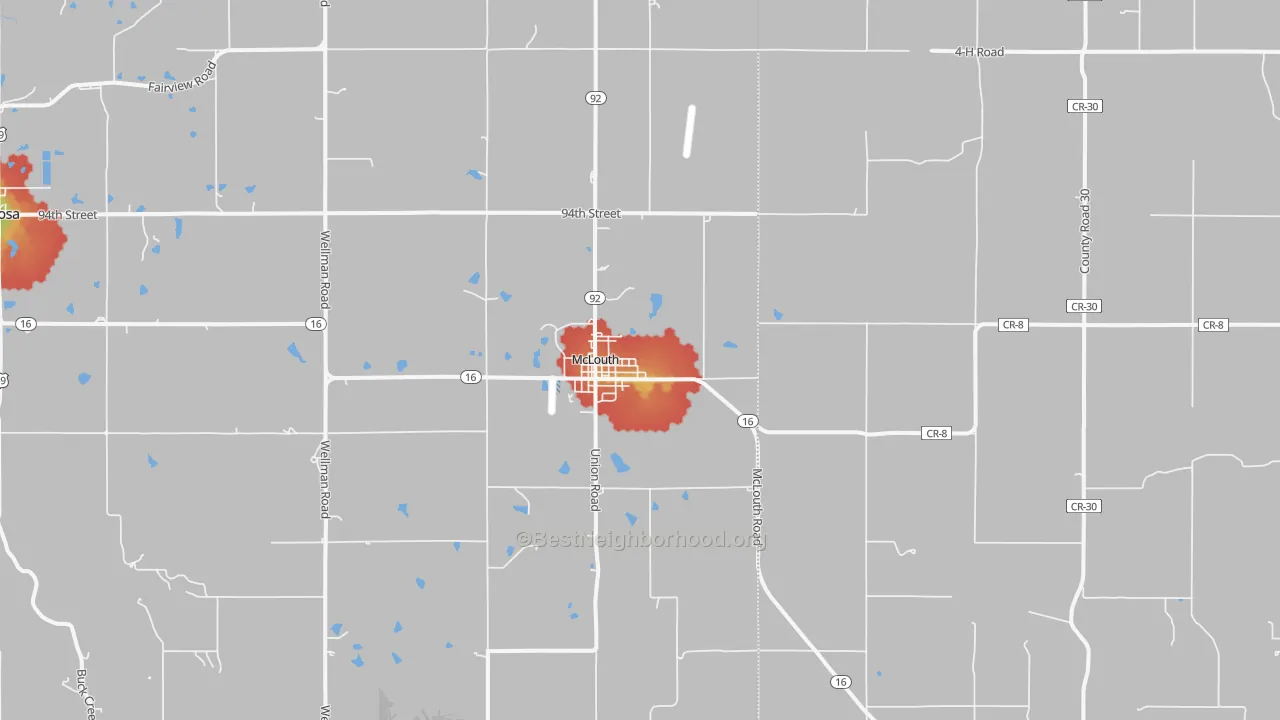 Walk Grade map of 66054, KS, walkable areas in green and car-dependent areas in red