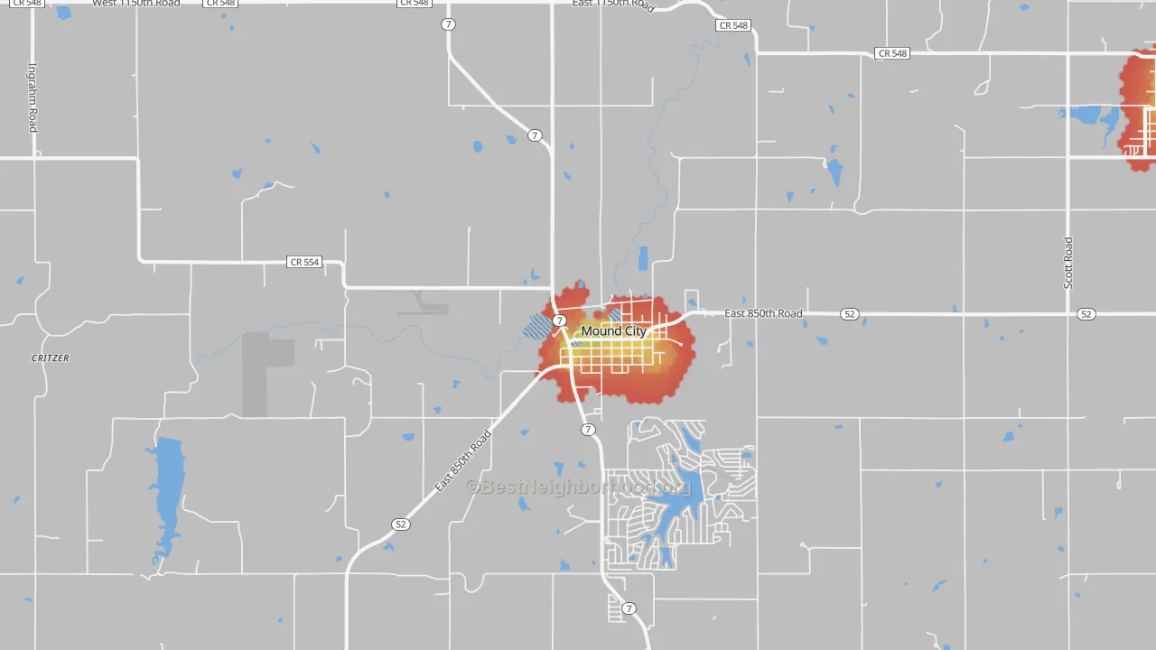 Walk Grade map of 66056, KS, walkable areas in green and car-dependent areas in red