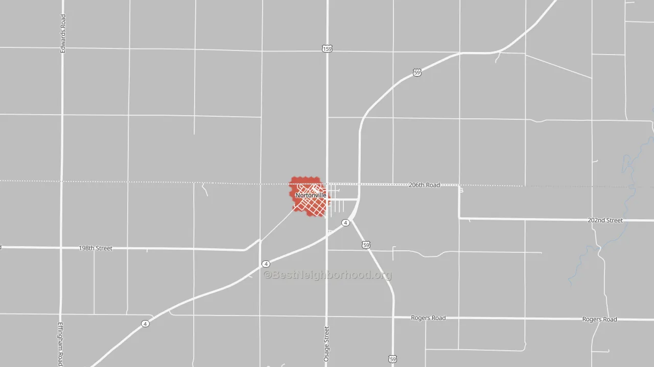 Walk Grade map of 66060, KS, walkable areas in green and car-dependent areas in red