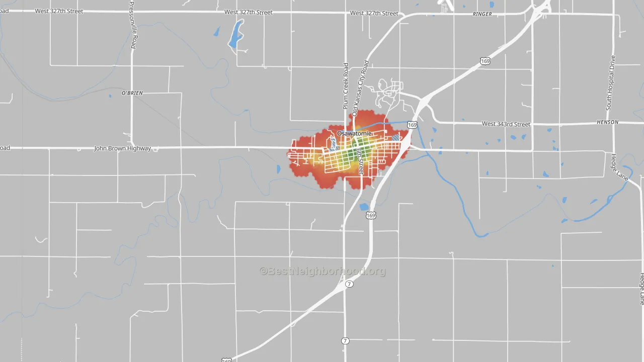 Walk Grade map of 66064, KS, walkable areas in green and car-dependent areas in red