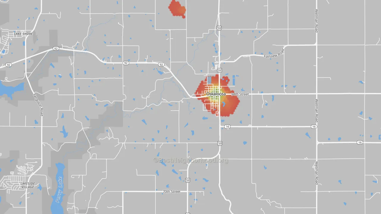 Walk Grade map of 66066, KS, walkable areas in green and car-dependent areas in red