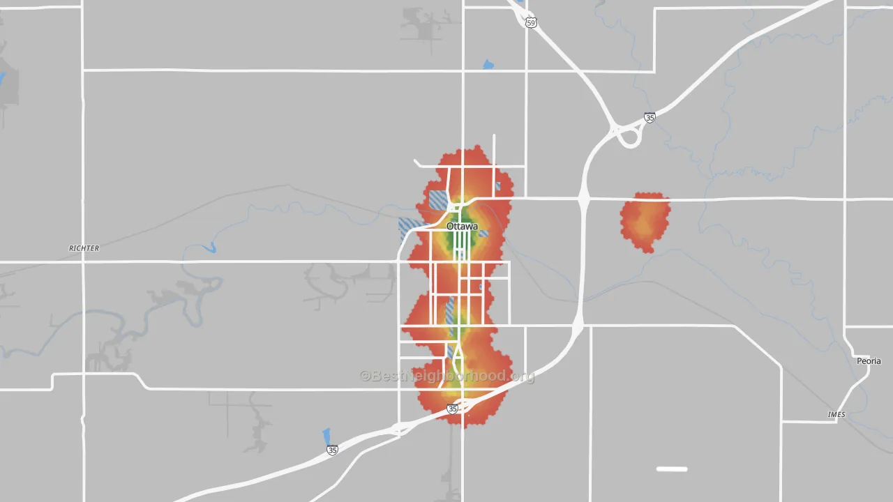 Walk Grade map of 66067, KS, walkable areas in green and car-dependent areas in red