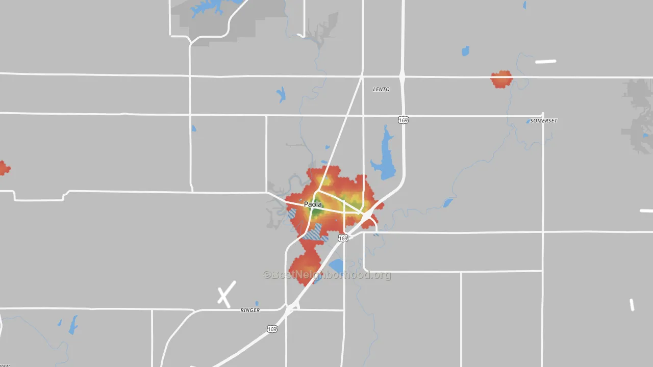Walk Grade map of 66071, KS, walkable areas in green and car-dependent areas in red