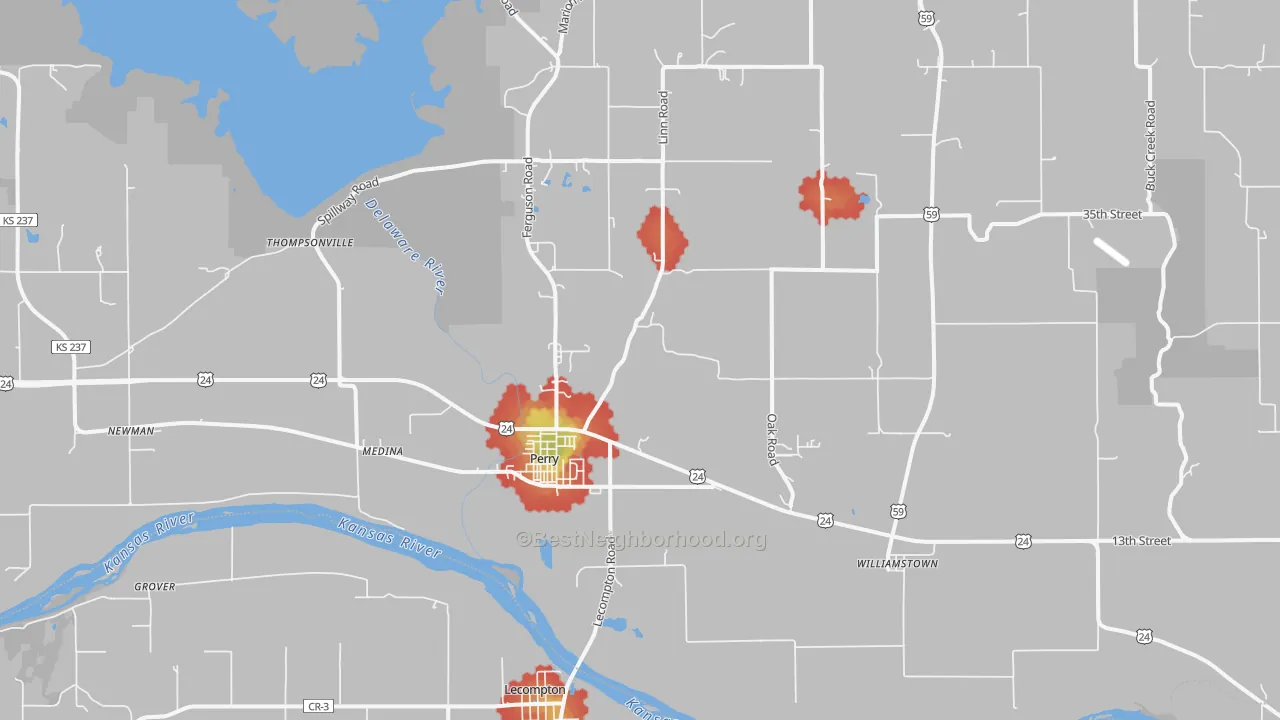 Walk Grade map of 66073, KS, walkable areas in green and car-dependent areas in red