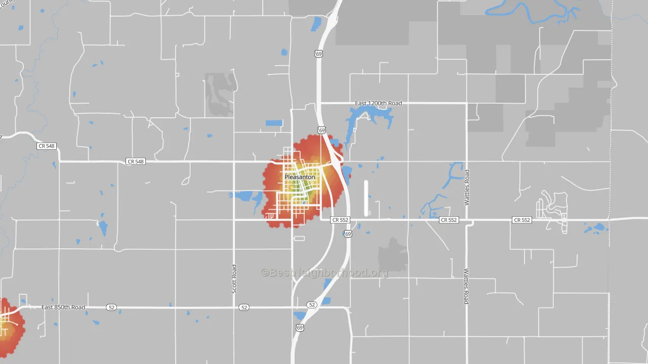 Walk Grade map of 66075, KS, walkable areas in green and car-dependent areas in red