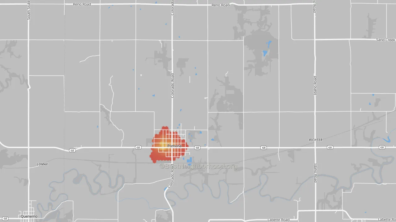 Walk Grade map of 66076, KS, walkable areas in green and car-dependent areas in red