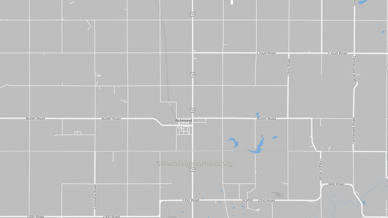 Walk Grade map of 66080, KS, walkable areas in green and car-dependent areas in red