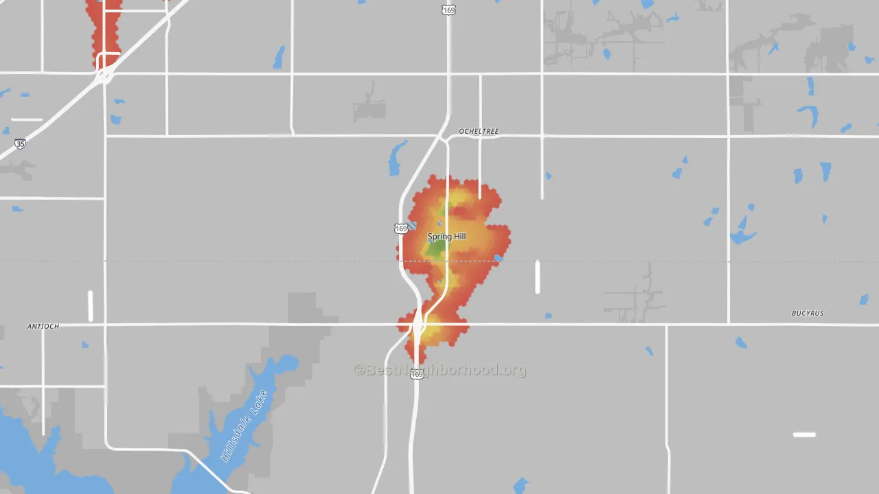 Walk Grade map of 66083, KS, walkable areas in green and car-dependent areas in red
