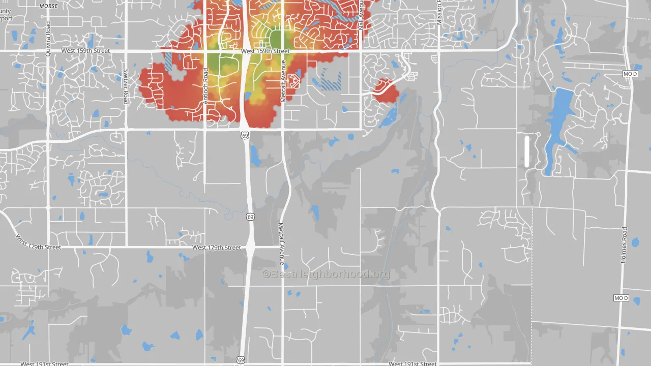 Walk Grade map of 66085, KS, walkable areas in green and car-dependent areas in red