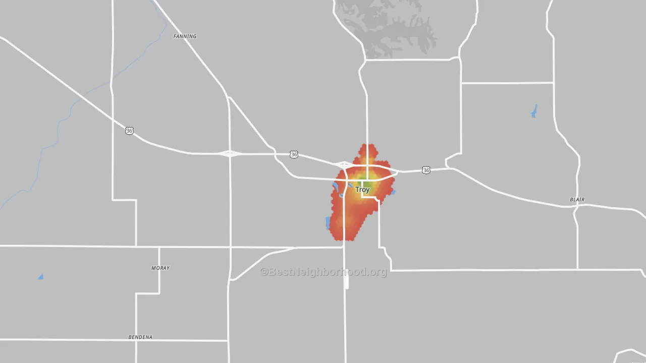 Walk Grade map of 66087, KS, walkable areas in green and car-dependent areas in red