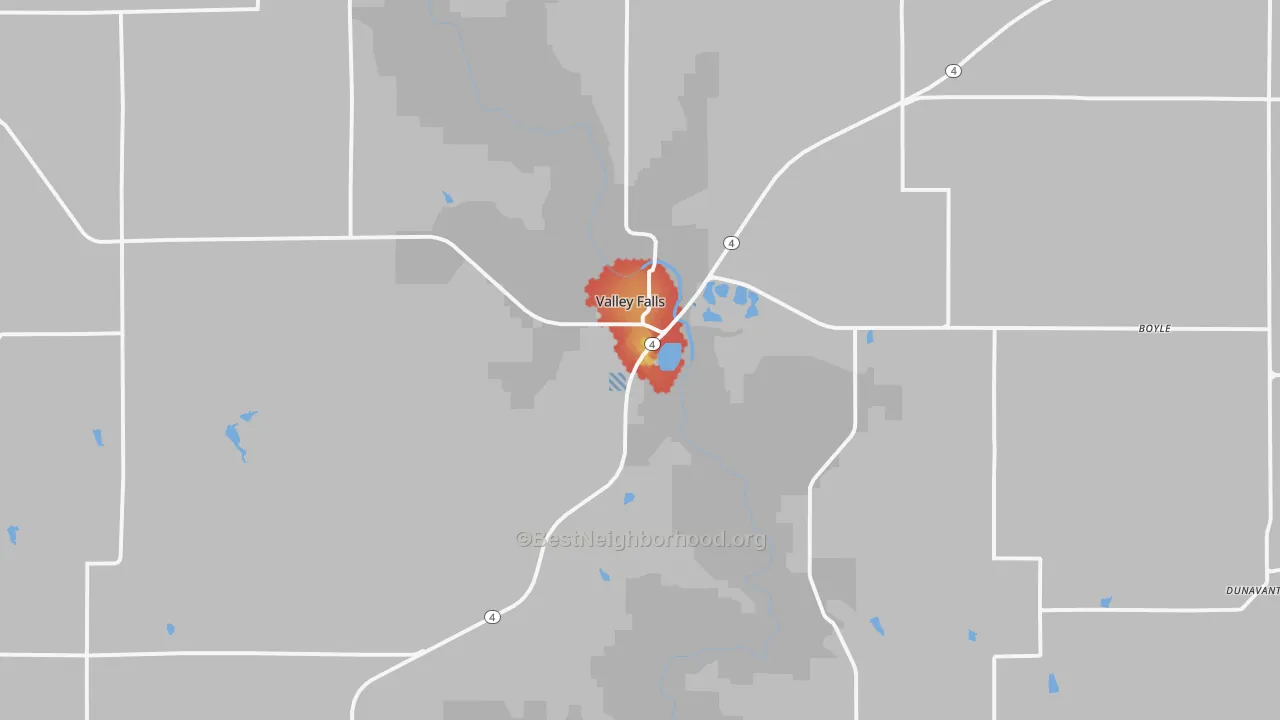 Walk Grade map of 66088, KS, walkable areas in green and car-dependent areas in red