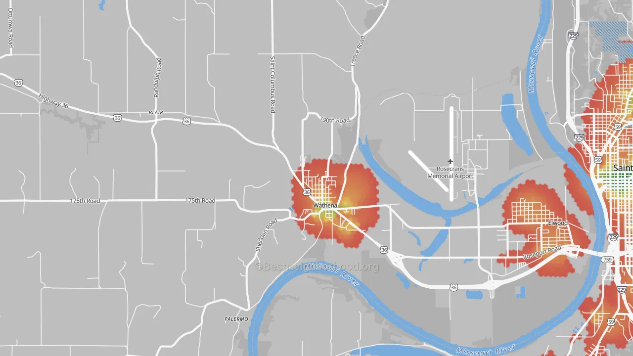 Walk Grade map of 66090, KS, walkable areas in green and car-dependent areas in red
