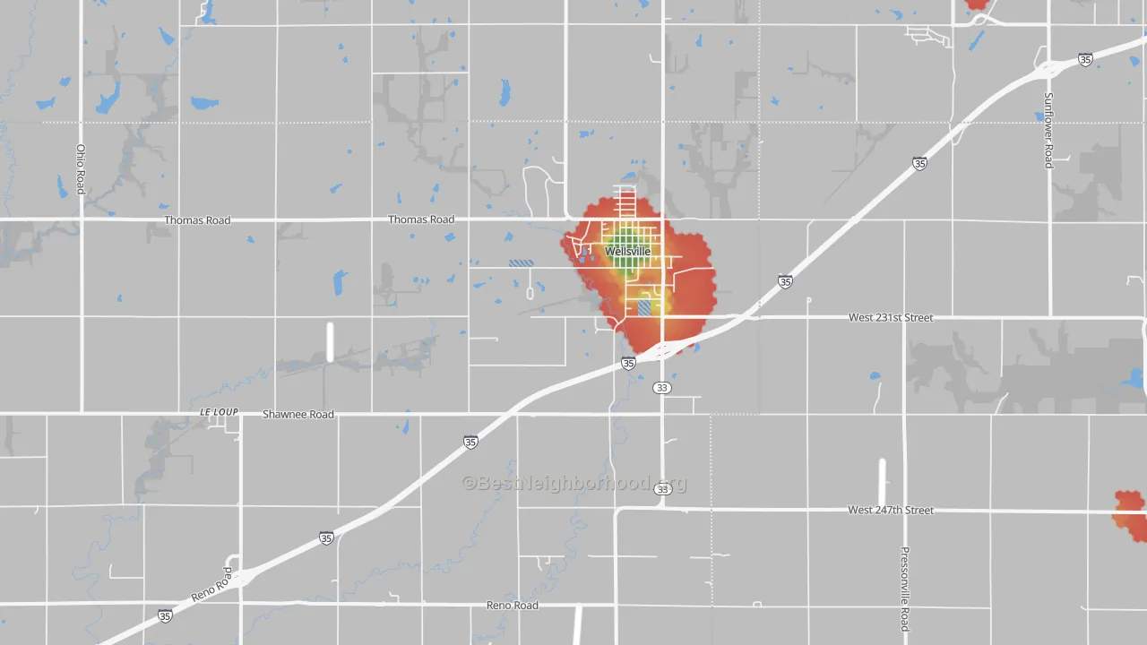 Walk Grade map of 66092, KS, walkable areas in green and car-dependent areas in red