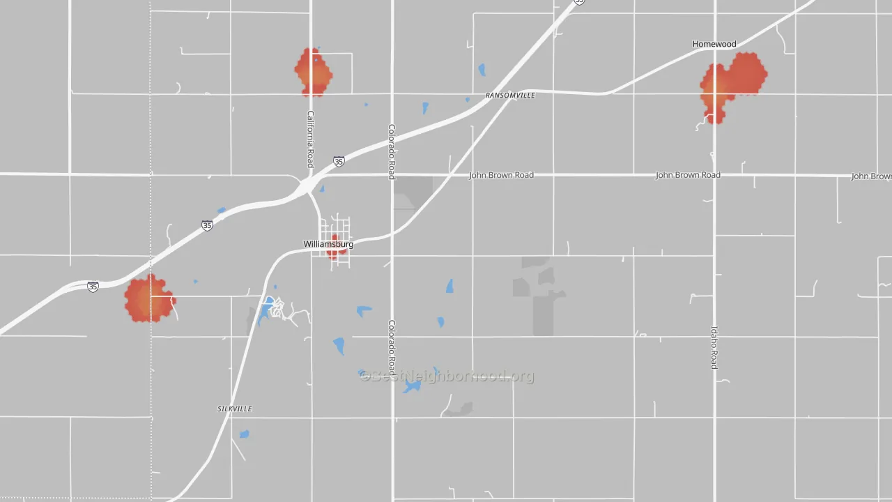 Walk Grade map of 66095, KS, walkable areas in green and car-dependent areas in red