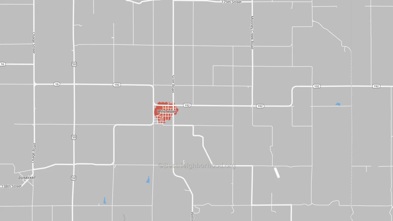 Walk Grade map of 66097, KS, walkable areas in green and car-dependent areas in red