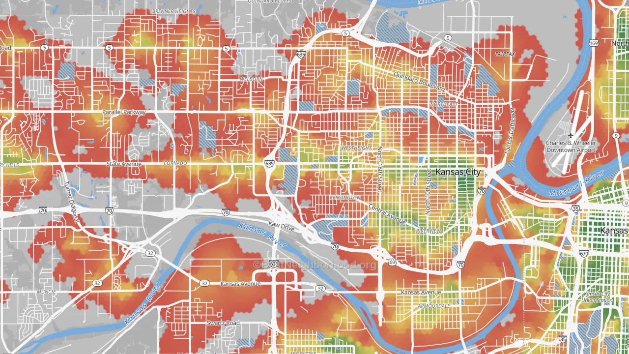 Walk Grade map of 66102, KS, walkable areas in green and car-dependent areas in red