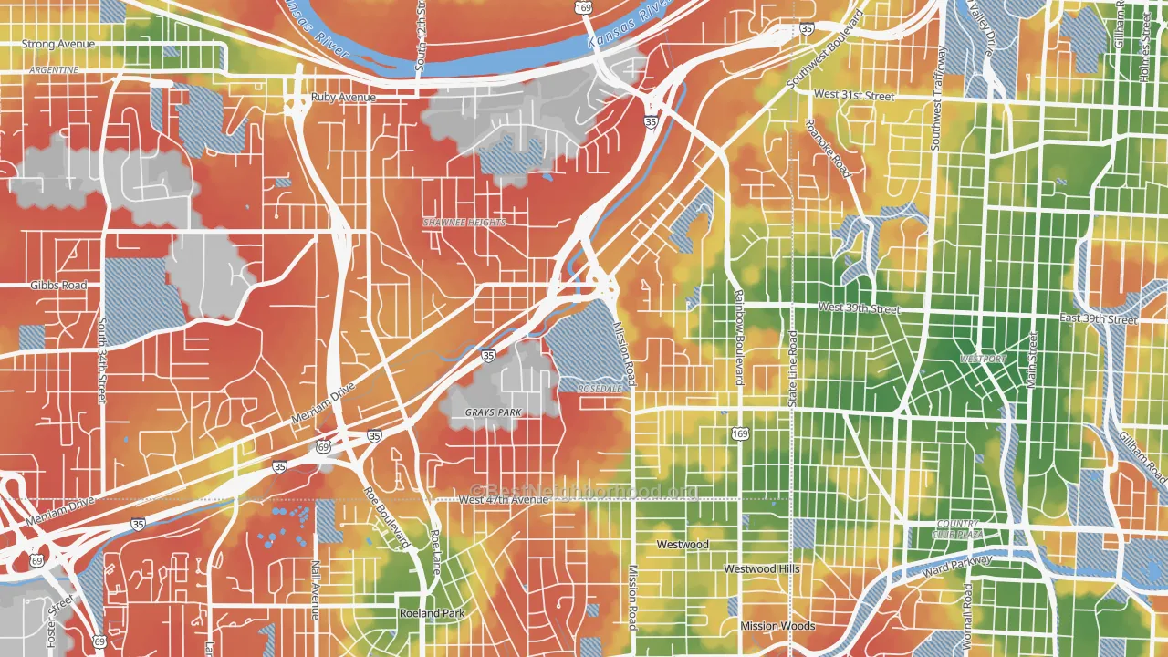 Walk Grade map of 66103, KS, walkable areas in green and car-dependent areas in red