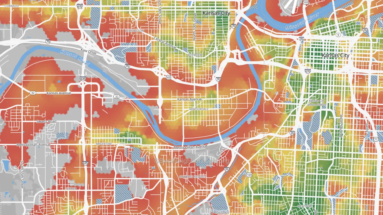 Walk Grade map of 66105, KS, walkable areas in green and car-dependent areas in red