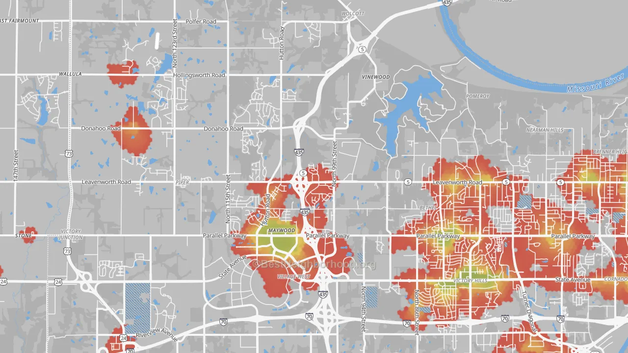 Walk Grade map of 66109, KS, walkable areas in green and car-dependent areas in red