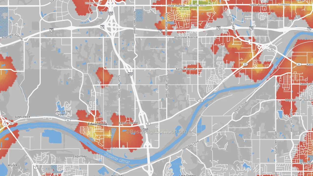 Walk Grade map of 66111, KS, walkable areas in green and car-dependent areas in red