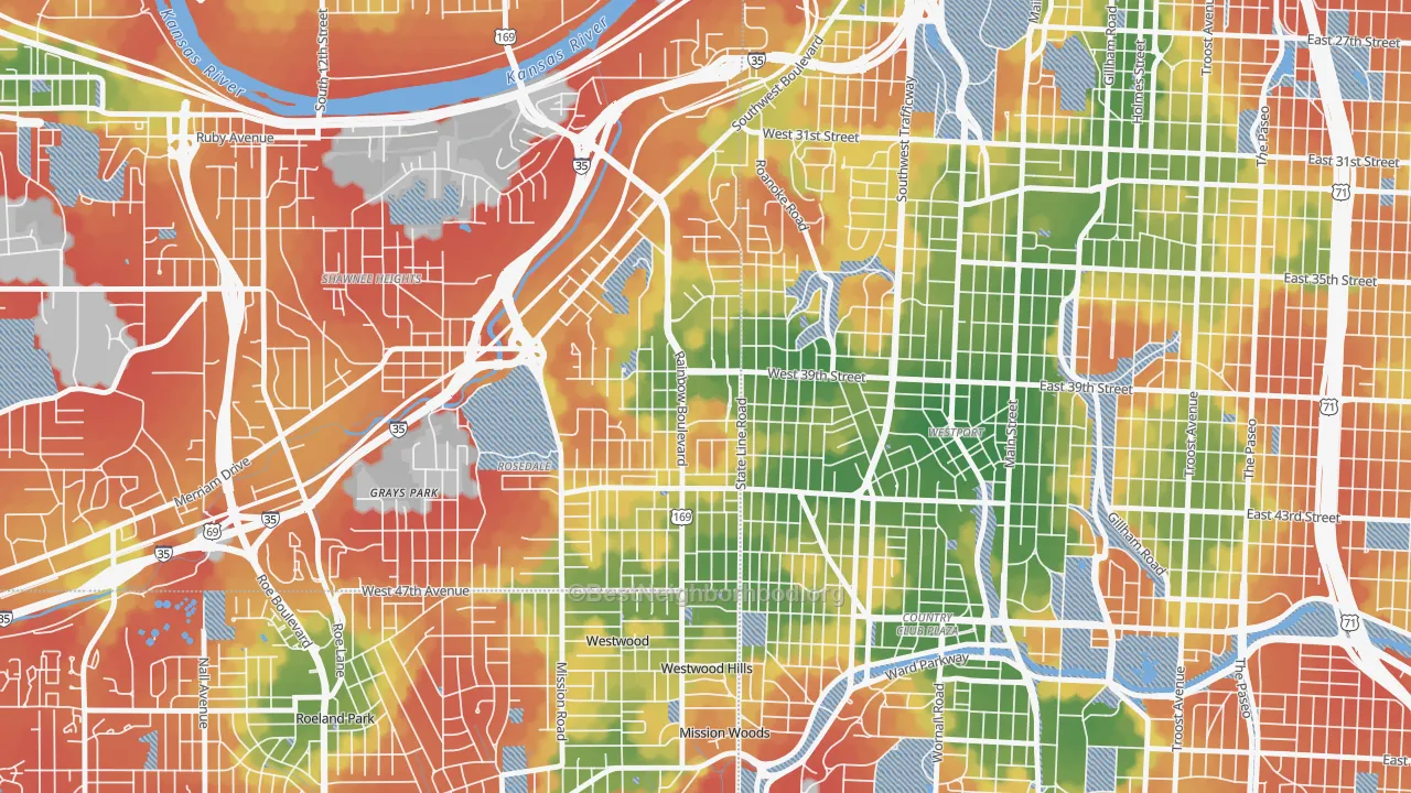 Walk Grade map of 66160, KS, walkable areas in green and car-dependent areas in red