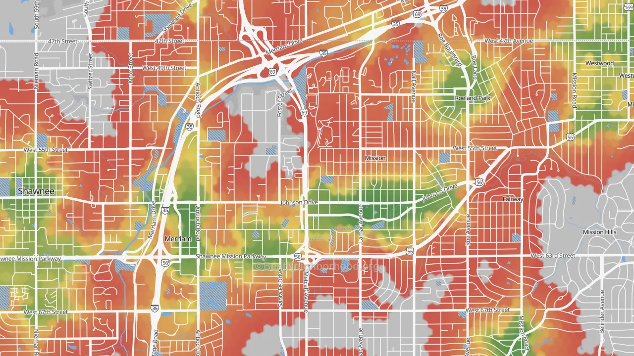 Walk Grade map of 66202, KS, walkable areas in green and car-dependent areas in red