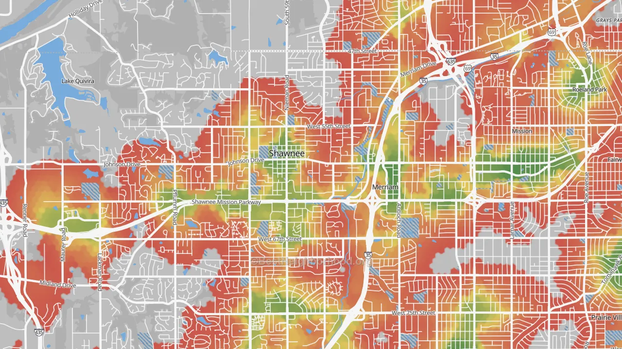 Walk Grade map of 66203, KS, walkable areas in green and car-dependent areas in red