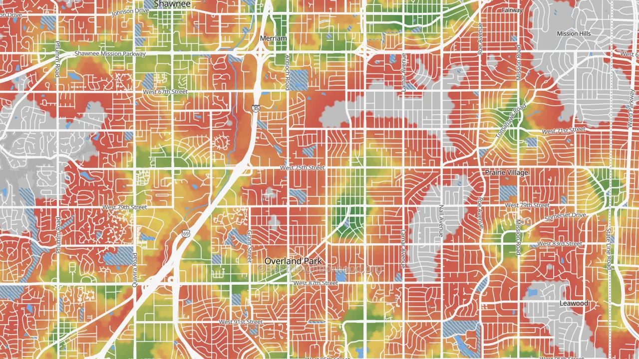 Walk Grade map of 66204, KS, walkable areas in green and car-dependent areas in red