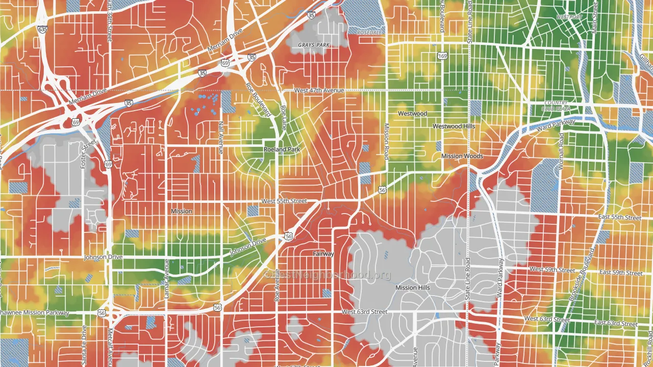 Walk Grade map of 66205, KS, walkable areas in green and car-dependent areas in red