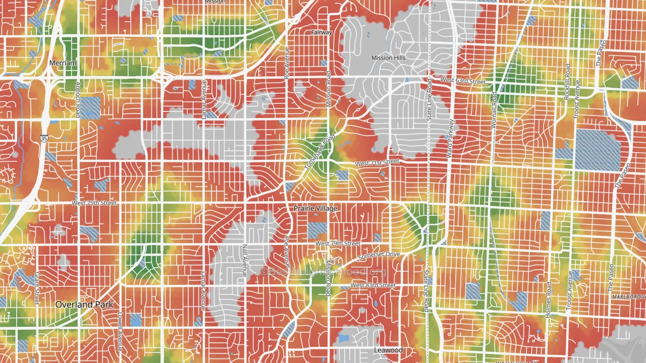 Walk Grade map of 66208, KS, walkable areas in green and car-dependent areas in red