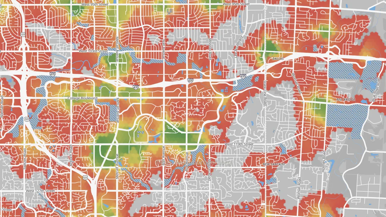 Walk Grade map of 66211, KS, walkable areas in green and car-dependent areas in red