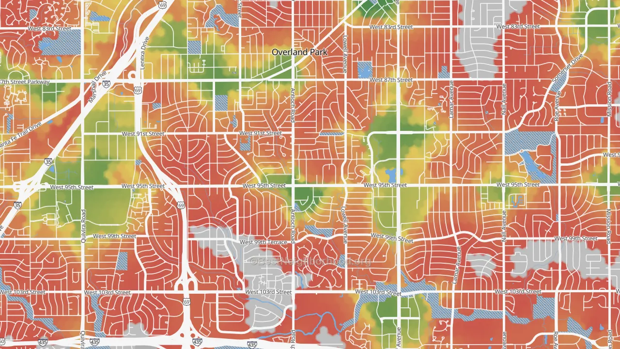 Walk Grade map of 66212, KS, walkable areas in green and car-dependent areas in red