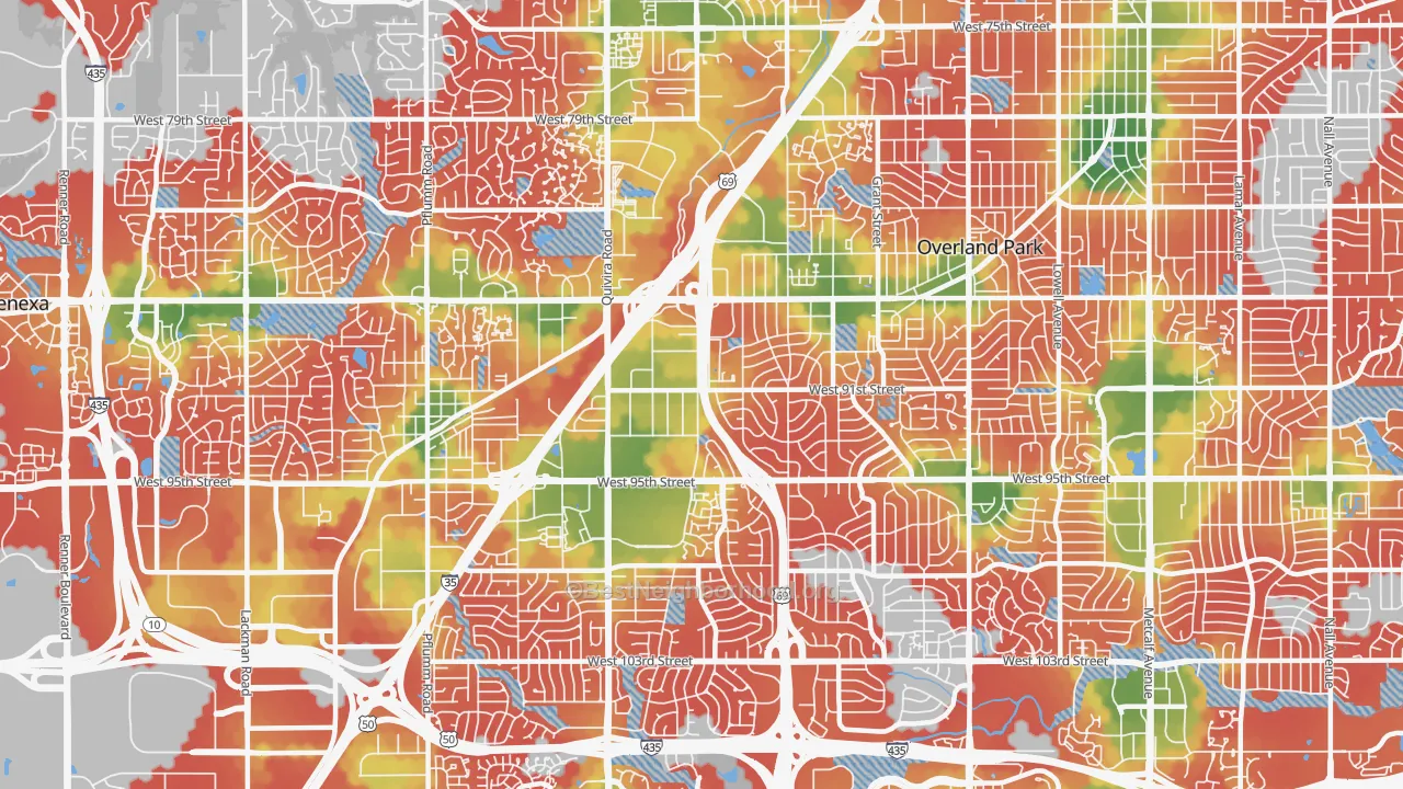 Walk Grade map of 66214, KS, walkable areas in green and car-dependent areas in red