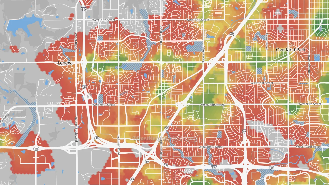 Walk Grade map of 66215, KS, walkable areas in green and car-dependent areas in red