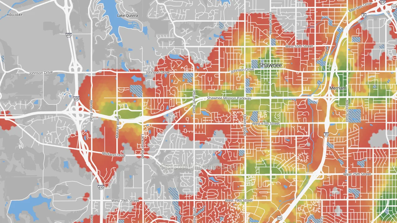 Walk Grade map of 66216, KS, walkable areas in green and car-dependent areas in red