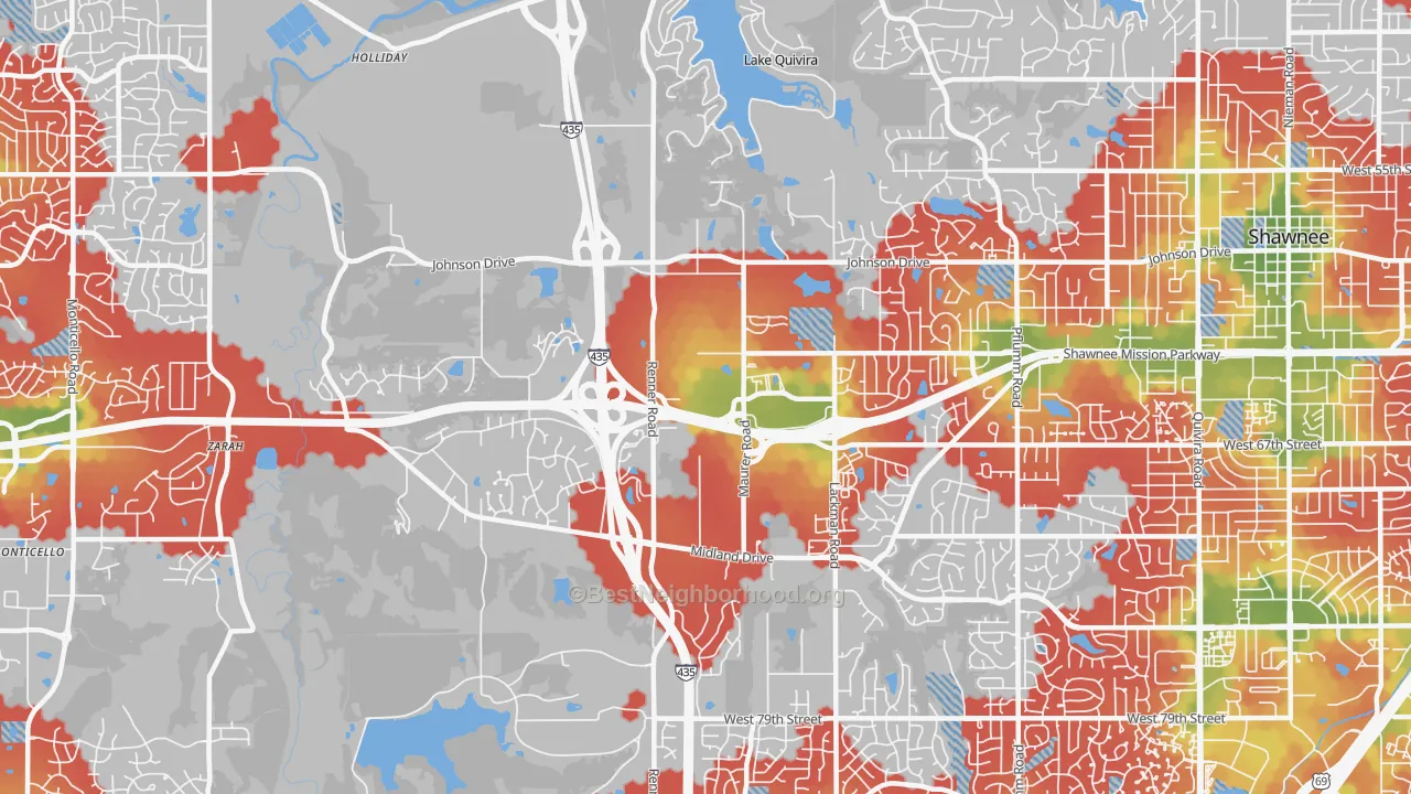 Walk Grade map of 66217, KS, walkable areas in green and car-dependent areas in red