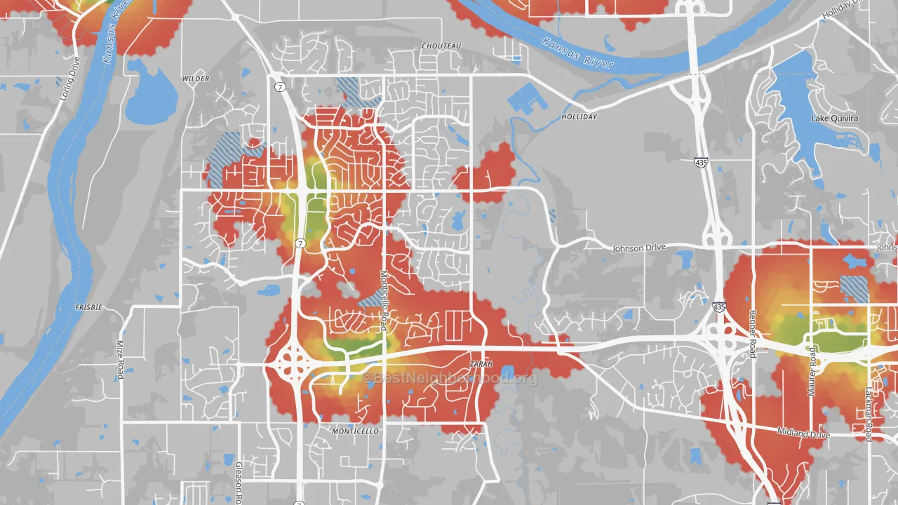 Walk Grade map of 66218, KS, walkable areas in green and car-dependent areas in red