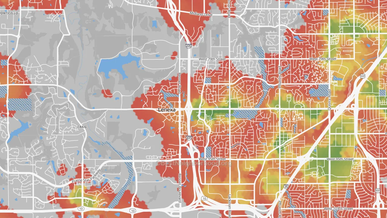 Walk Grade map of 66219, KS, walkable areas in green and car-dependent areas in red