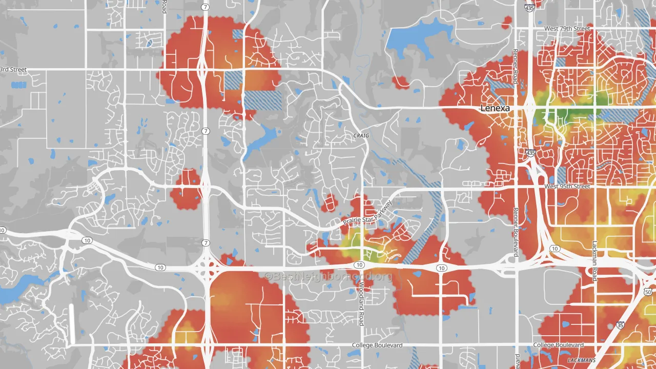 Walk Grade map of 66220, KS, walkable areas in green and car-dependent areas in red