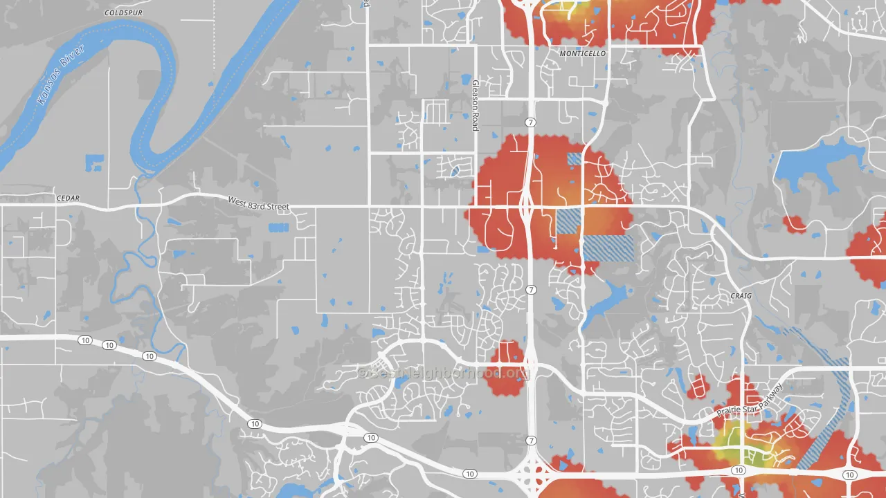 Walk Grade map of 66227, KS, walkable areas in green and car-dependent areas in red