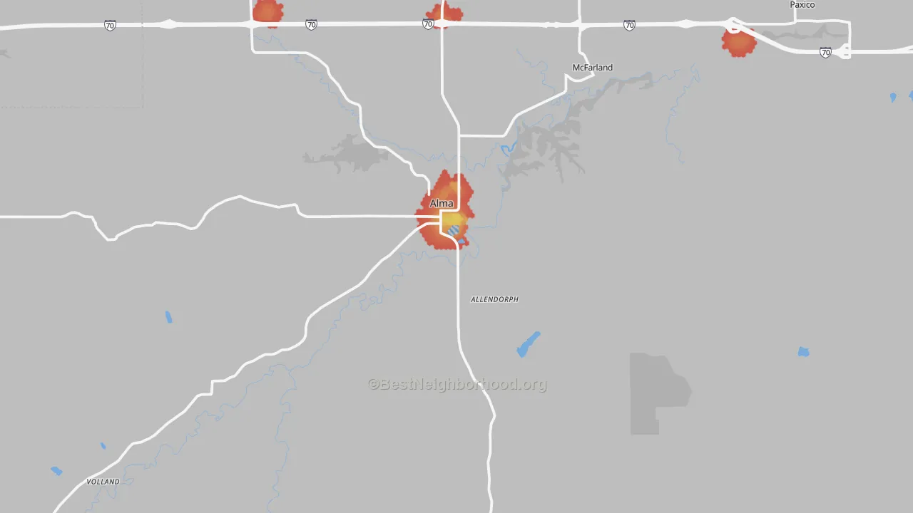 Walk Grade map of 66401, KS, walkable areas in green and car-dependent areas in red
