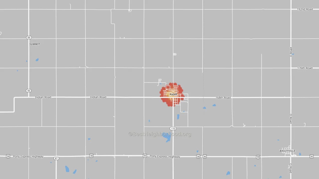 Walk Grade map of 66403, KS, walkable areas in green and car-dependent areas in red