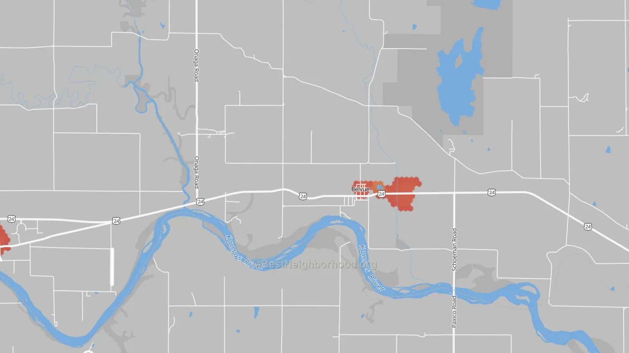 Walk Grade map of 66407, KS, walkable areas in green and car-dependent areas in red