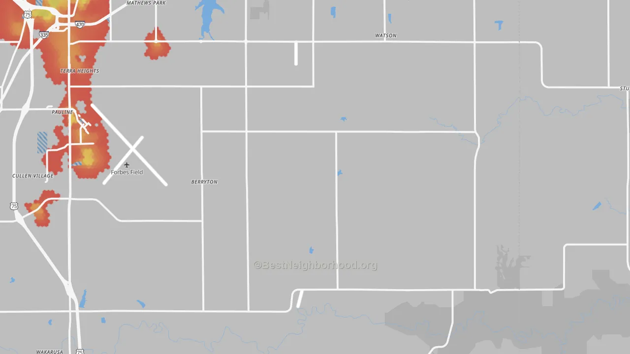 Walk Grade map of 66409, KS, walkable areas in green and car-dependent areas in red