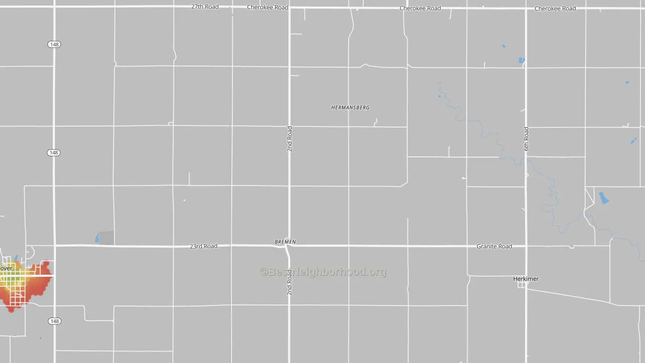 Walk Grade map of 66412, KS, walkable areas in green and car-dependent areas in red
