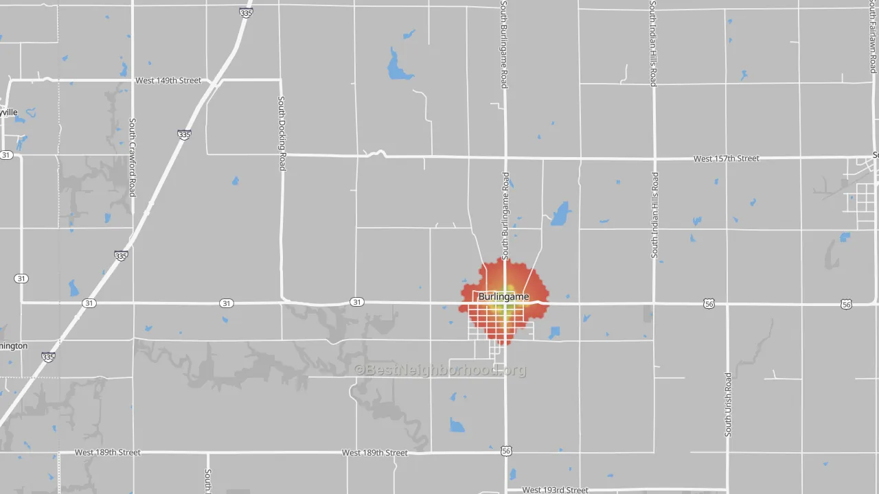 Walk Grade map of 66413, KS, walkable areas in green and car-dependent areas in red