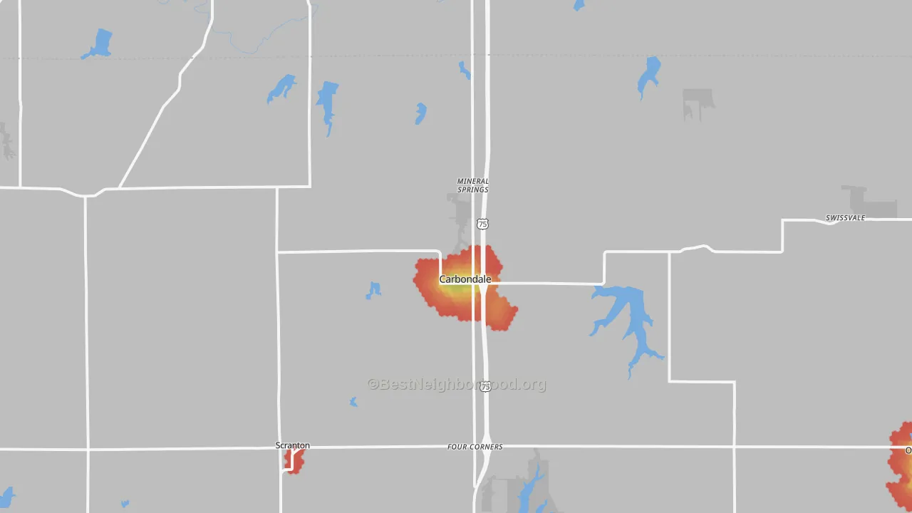 Walk Grade map of 66414, KS, walkable areas in green and car-dependent areas in red