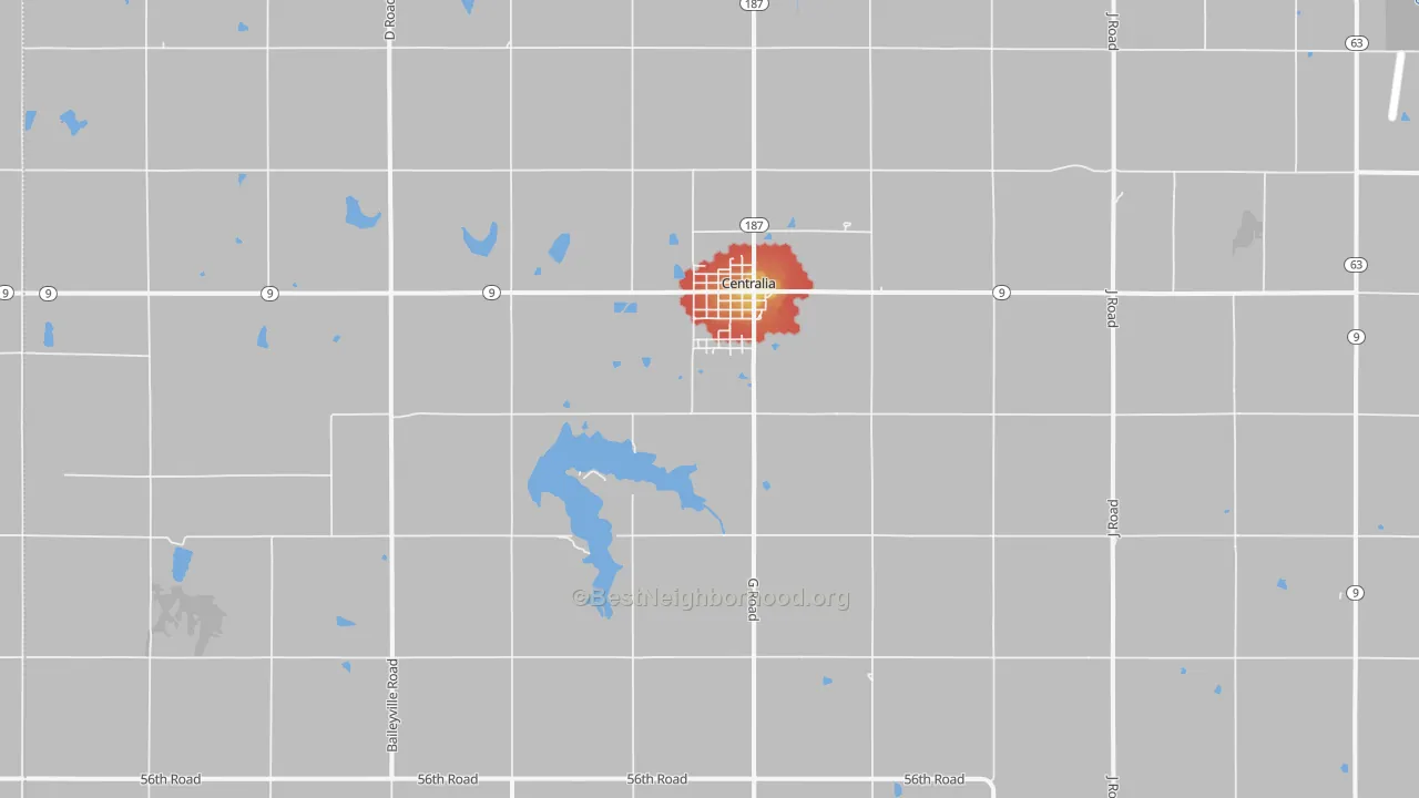Walk Grade map of 66415, KS, walkable areas in green and car-dependent areas in red