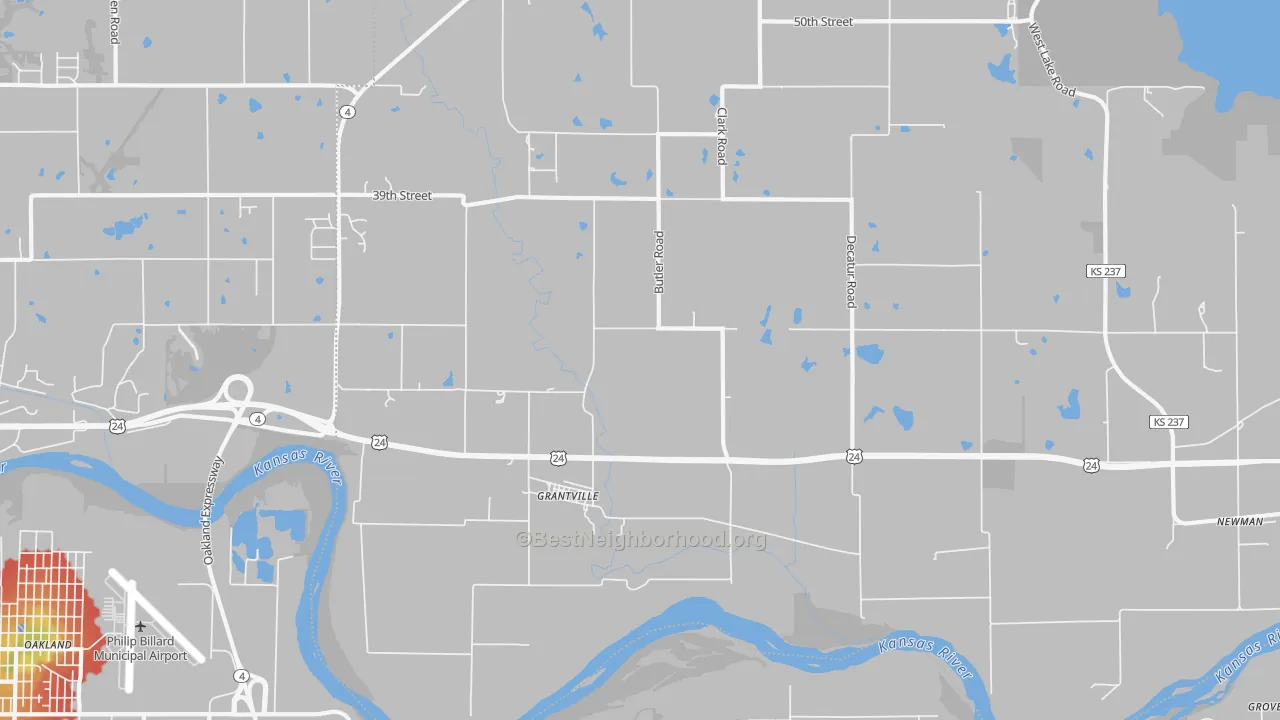 Walk Grade map of 66429, KS, walkable areas in green and car-dependent areas in red