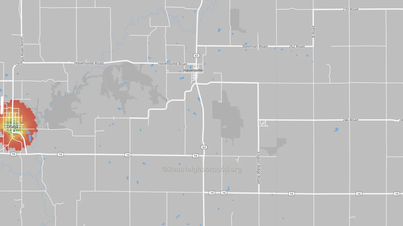 Walk Grade map of 66432, KS, walkable areas in green and car-dependent areas in red